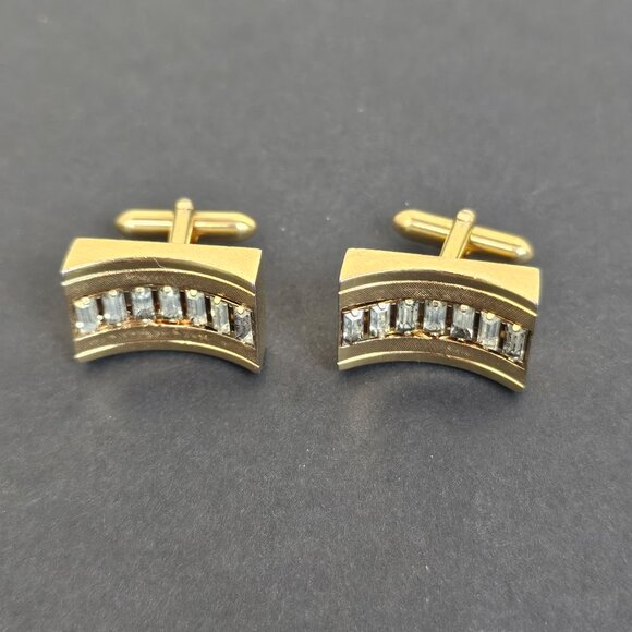 Vintage Swank Cufflinks Baguette Clear Rhinestone Gold Tone Rectangle Curved MCM - Picture 7 of 11